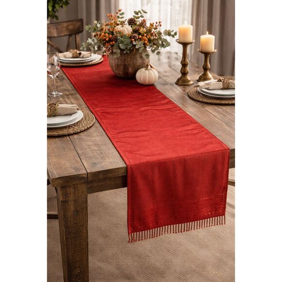 HOME ESSENTIALS Bead Fringe Table Runner Burgundy Maroon Red 68” Length - Picture 2 of 8